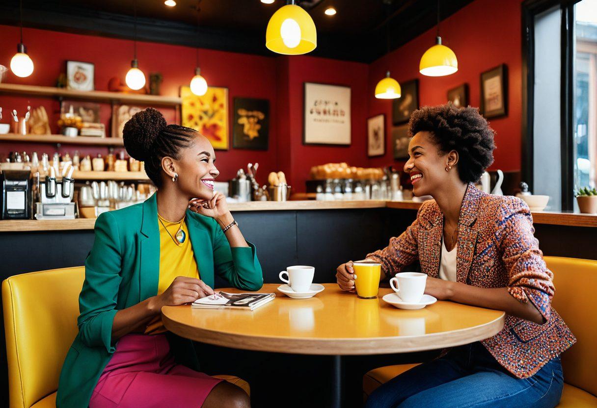 A stylish couple engaging in a lively conversation at a chic café, surrounded by a diverse group of happy, open-minded individuals embracing a vibrant, alternative lifestyle. The scene should exude warmth and inclusivity, with colorful décor reflecting the essence of Échangisme. Emphasize connection and joy through body language and facial expressions. super-realistic. vibrant colors. cozy atmosphere.