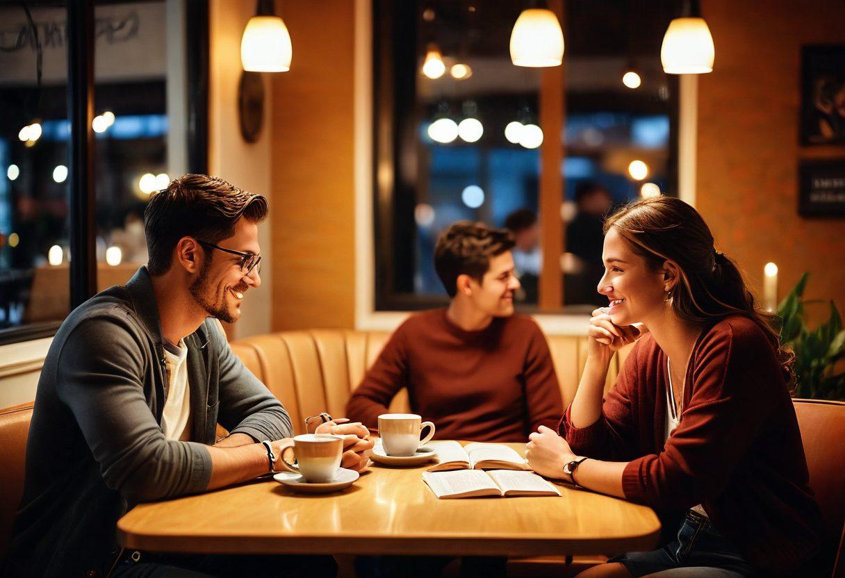 A vibrant and intimate gathering of diverse couples exchanging stories, with a backdrop of a warm, softly lit café. Highlight the emotional expressions on their faces, encapsulating the essence of deep connections and shared experiences. Incorporate symbolic elements like open books and cups of coffee to represent dialogue and bonding. The atmosphere should exude comfort and acceptance, inviting viewers into this modern dating concept. super-realistic. warm colors. soft focus.