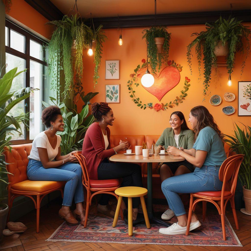 A diverse group of people engaged in joyful discussions at a cozy café, surrounded by symbols of open relationships like intertwined hearts and shared experiences. The background features vibrant plants and a warm atmosphere, showcasing an inviting environment for connection. Each person is depicted with a unique style, reflecting individuality yet embodying unity. super-realistic. vibrant colors. warm ambiance.